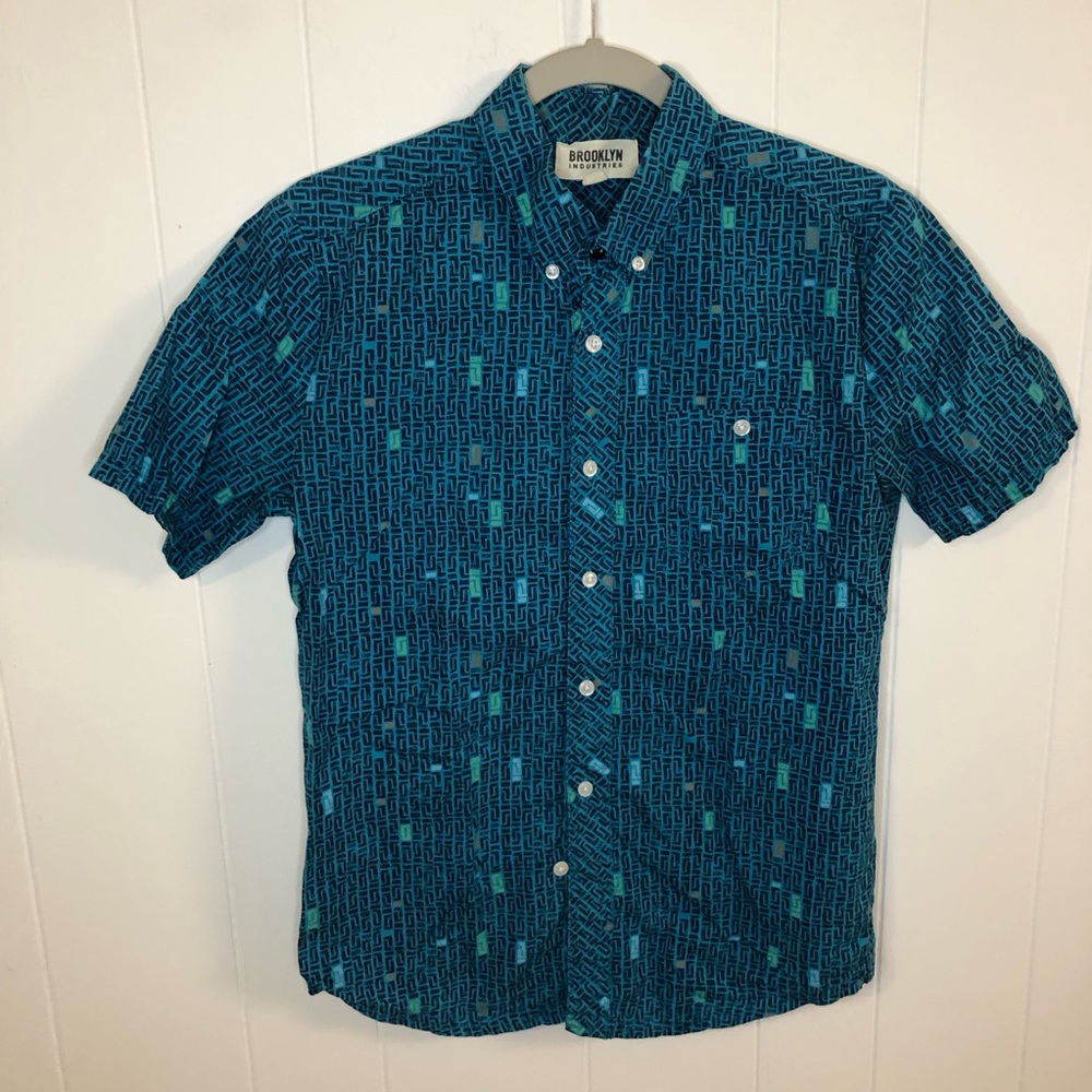 Brooklyn Industries Teal Geometric Short-Sleeve Button-Down Shirt XS